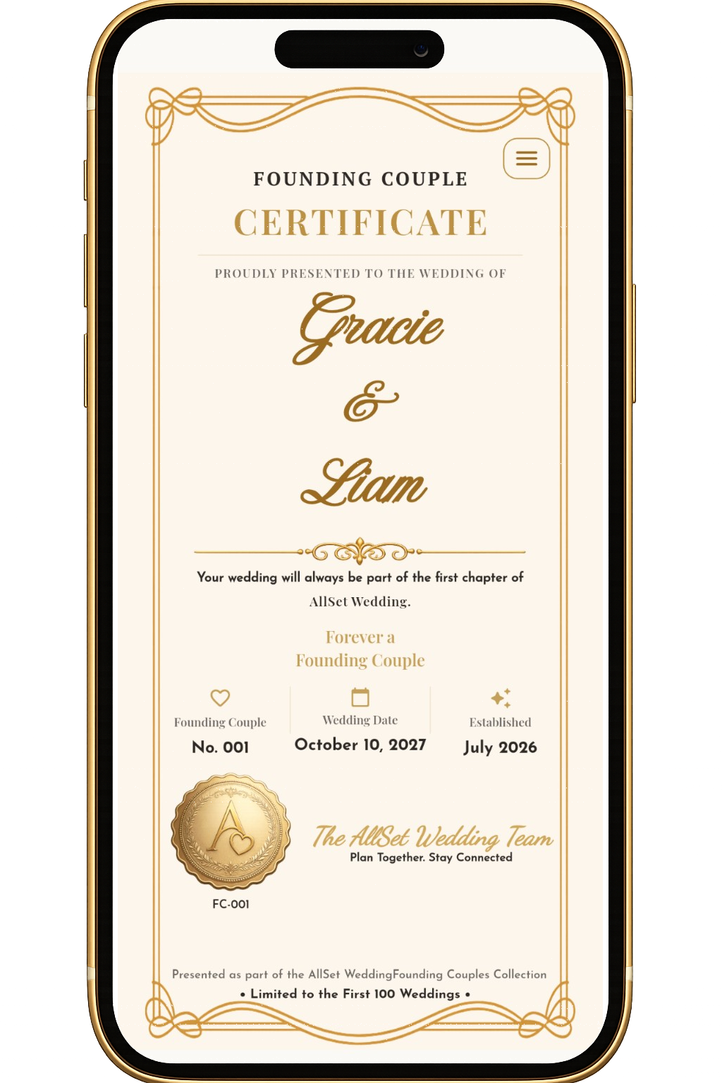 AllSet Wedding Founding Couple certificate
